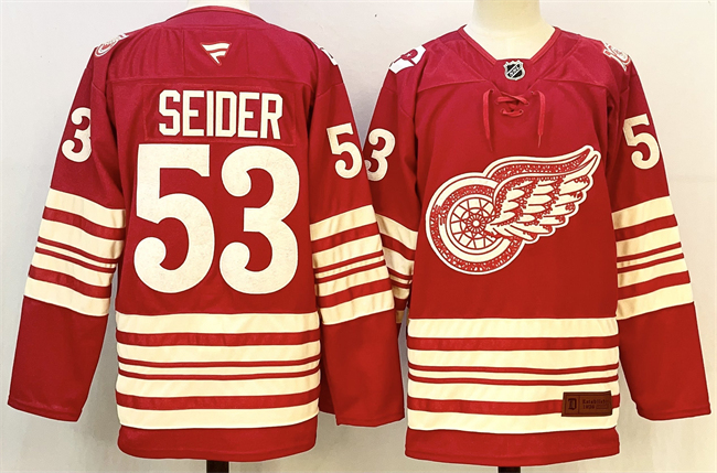 Men's Red Detroit Red Wings #53 Moritz Seider 2025-26 Centennial Premium Stitched Hockey Jersey